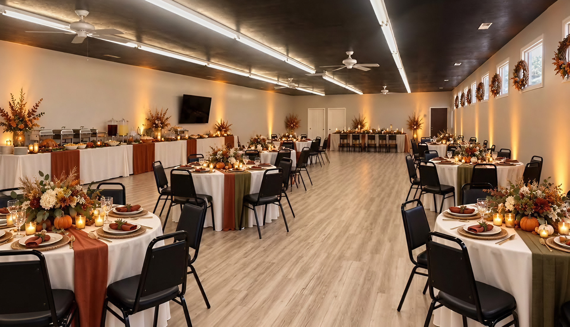 The room set for a holiday dinner