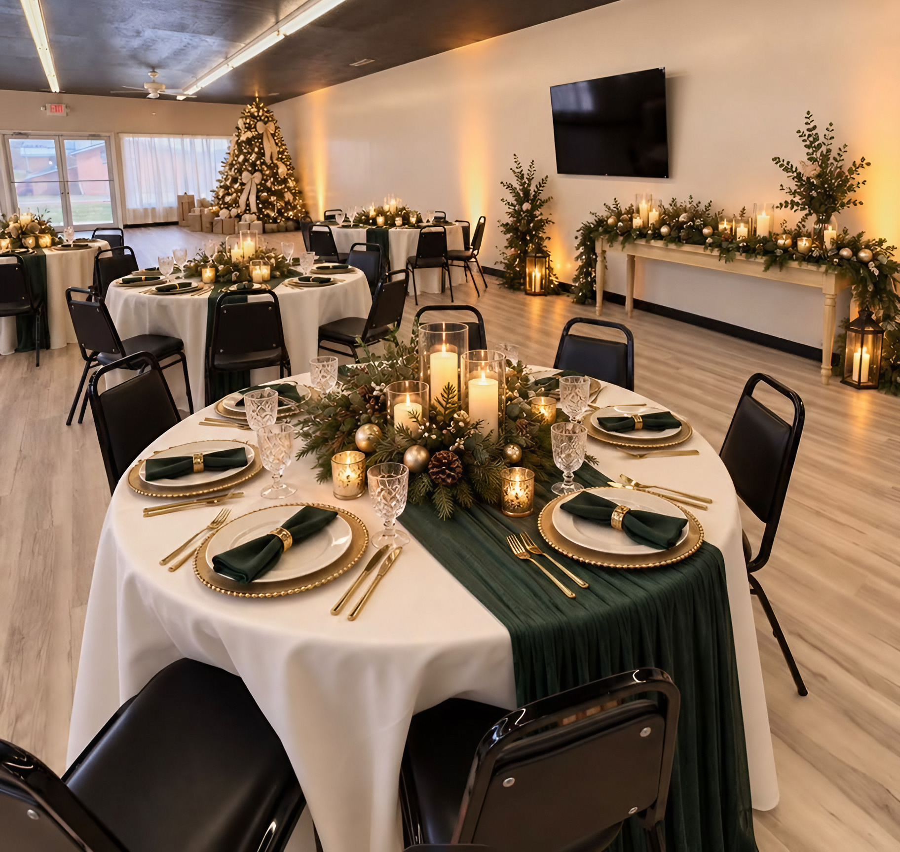 Tables set for a holiday dinner with candles